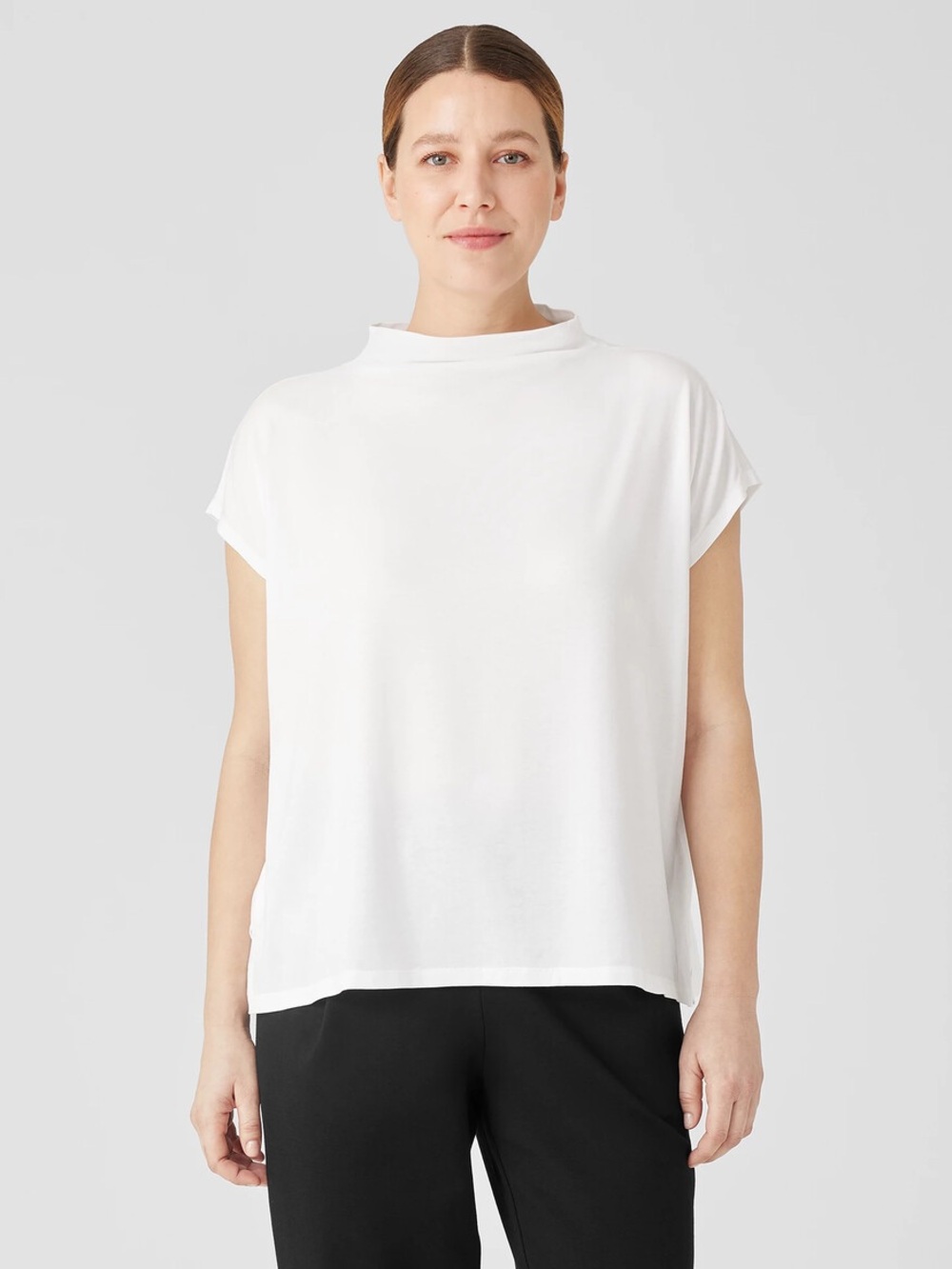EILEEN FISHER NWT S M Fine Jersey Funnel Neck Top in White • Soft Quiet Luxury